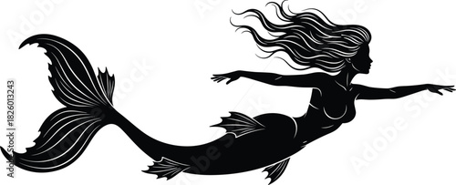 Mermaid silhouette vector illustration, mythical sea creature artwork, black aquatic icon, fantasy ocean design, graceful swimming pose, marine-themed graphic element