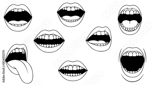 Monochrome vector set of cartoon mouth expressions, featuring open mouths for shouting, smiling, and singing, in a bold line art style