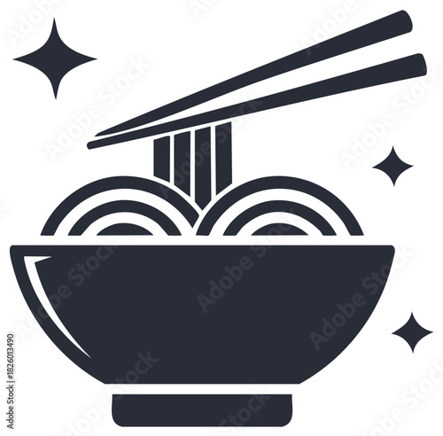 Asian Noodles in Bowl with Chopsticks and Sparkle Icons