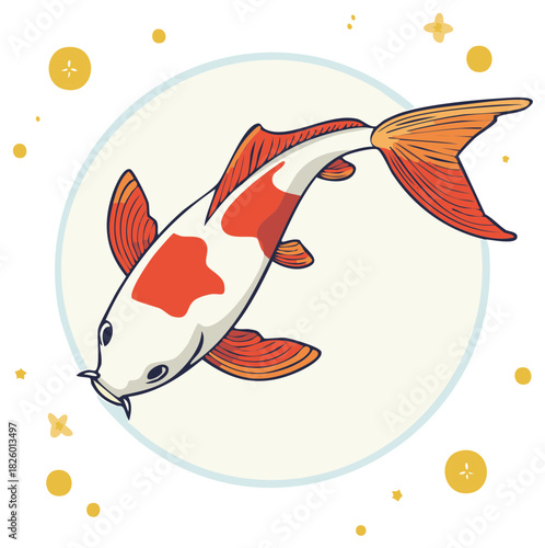 Cartoon illustration of a colorful koi fish swimming in water