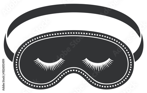 Black sleeping mask with closed eyes and white eyelashes isolated on white background