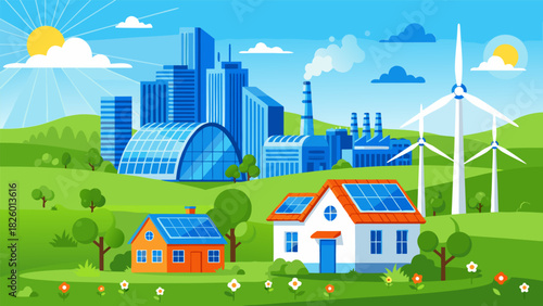 Sustainable Cityscape Eco-Friendly Living with Solar Panels, Wind Turbines, and Green Buildings