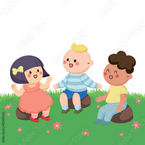 Cute Cartoon Diverse Kids Talking on Grass Friendship Scene