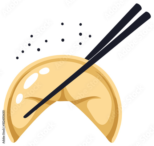 Delicious fortune cookie with dark chopsticks and decorative sprinkles a symbol of luck and Asian cuisine