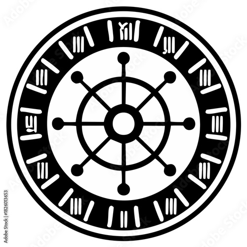 Abstract black and white wheel symbol with ancient markings representing time and destiny