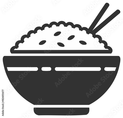 Rice bowl with Chopsticks Icon Graphic Design, Traditional Asian Food Served with Rice, Grains, and Cutlery
