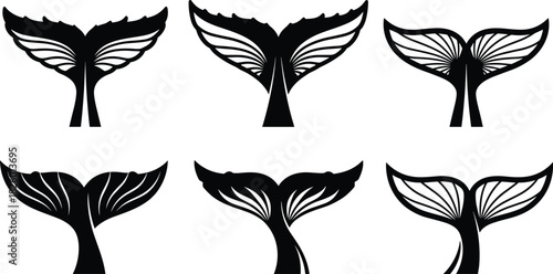 Set of six black silhouette whale and mermaid tail vector illustrations, aquatic ocean mammal animal fin flukes decorative graphic element design on white background, minimal style logo bundle