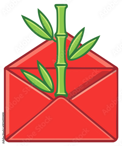 Lucky Red Envelope with Vibrant Green Bamboo Stalk and Leaves Illustration