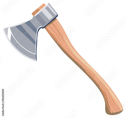 Illustration of an axe with wooden handle and steel blade for woodworking or lumberjack tools