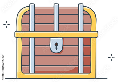 Cartoon illustration of a vintage wooden treasure chest with gold and silver trim;  filled with unknown treasures