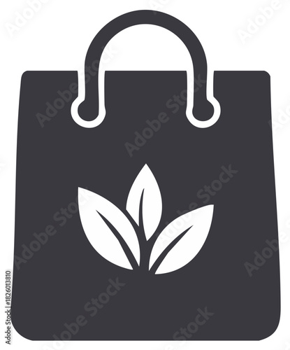 Dark shopping bag with white leaves logo representing eco friendly shopping and sustainability
