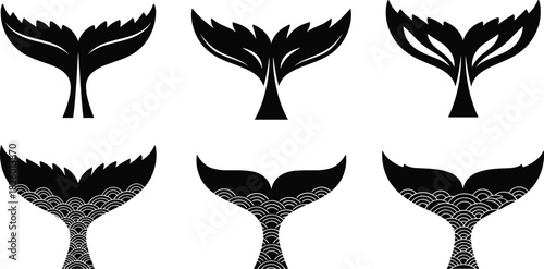 Whale tail silhouette set, marine vector illustration, abstract ocean animal design, black graphic fluke shapes, sea-themed decorative artwork, nature icon pack