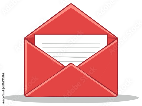 Open red envelope with paper inside illustration graphic for message delivery email marketing or communication design