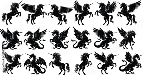 Unicorn pegasus dragon silhouette vector set, black mythical creature icons, fantasy emblem collection, tribal tattoo style, heraldic graphic pack