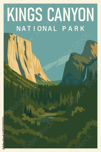 Kings Canyon National Park Travel Poster Clipart, Vintage USA Park Illustration, Retro Landscape Art, Kings Canyon Wall Decor ClipArt
