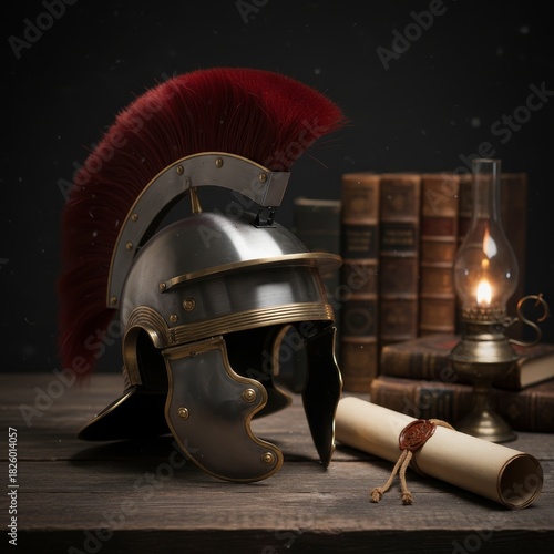 Close-up of a Roman helmet beside old books and a judge gavel, symbolizing history, law, and classical heritage.