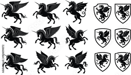 Winged unicorn and dragon silhouette vector set, black mythical creature icons, fantasy shield emblems, tribal tattoo style, heraldic graphic pack