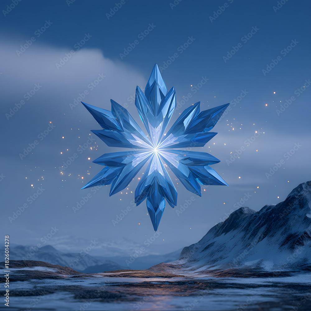 Obraz premium Luminous blue faceted crystal snowflake hovering over a serene winter mountain landscape with sparkling particles
