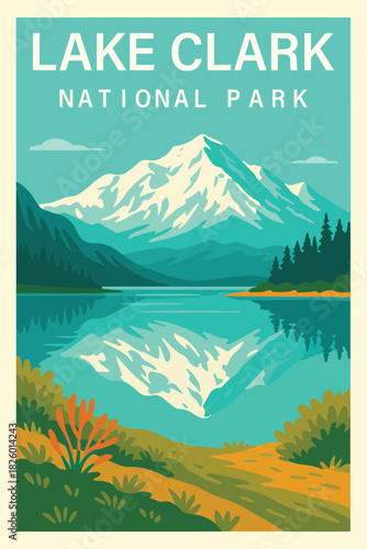 Lake Clark National Park Travel Poster Clipart, Vintage USA Park Illustration, Retro Landscape Art, Lake Clark Wall Decor ClipArt
