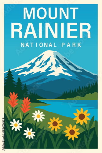 Mount Rainier National Park Travel Poster Clipart, Vintage USA Park Illustration, Retro Landscape Art, Mount Rainier Wall Decor ClipArt
