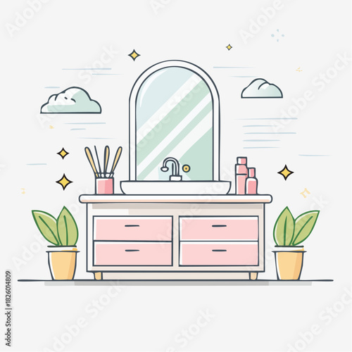Clean Pastel Bathroom Vanity With Sink Mirror And Decorative Plants Subtle Clouds In Background Soft Lighting Creates Airy Atmosphere