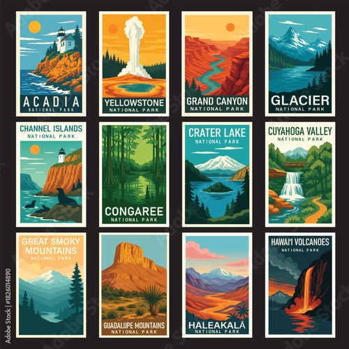  National Park Travel Poster Clipart, Vintage USA Park Illustration, Retro Landscape Art Bundle, Wall Decor ClipArt
