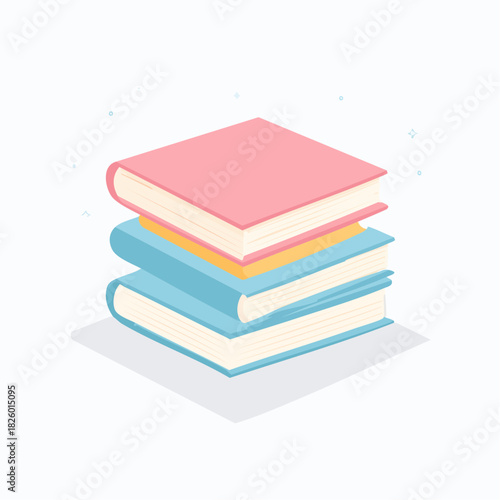 Stack Of Three Books Pink Yellow And Blue On White Background With Subtle Sparkles And Shadow Below