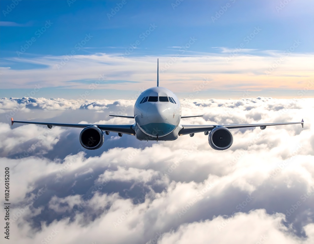 Obraz premium Aerial view of a jet airliner cruising above a fluffy cloud layer