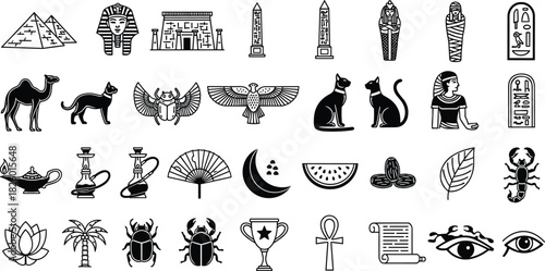 egypt, ancient, culture, symbol, icon, silhouette, pharaoh, pyramid, sphinx, scarab, temple, history, black, white, illustration, design, mythology, artifact, tradition, heritage