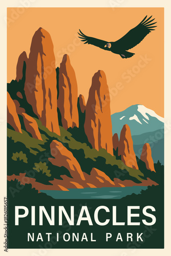 Pinnacles National Park Retro Travel Poster Clipart, Vintage USA Park Illustration, Landscape Art, Pinnacles Wall Decor ClipArt
