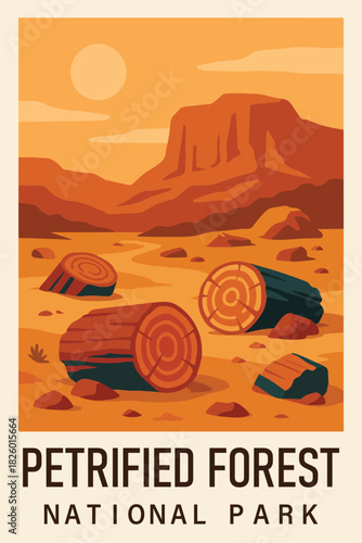 Petrified Forest National Park Retro Travel Poster Clipart, Vintage USA Park Illustration, Landscape Art, Petrified Forest Wall Decor ClipArt
