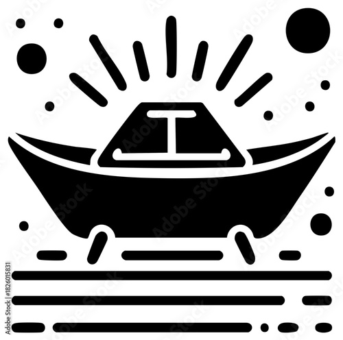 Futuristic spacecraft hovering above abstract water with cosmic elements