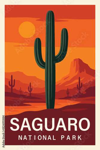 Saguaro National Park Retro Travel Poster Clipart, Vintage USA Park Illustration, Landscape Art, Saguaro Wall Decor ClipArt
