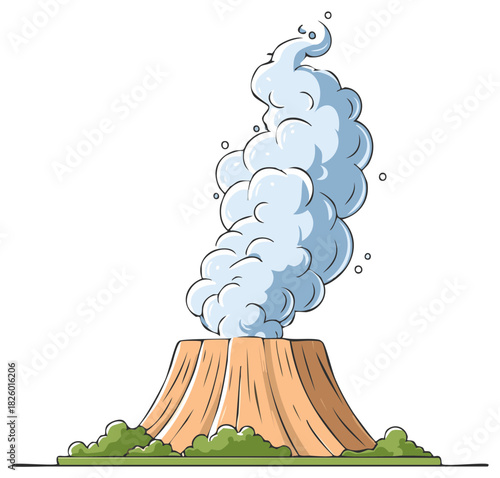 Cartoon illustration of a smoking volcano with lush green vegetation at its base