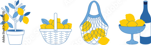 Yellow lemons in blue pot basket net and bowl with bottle