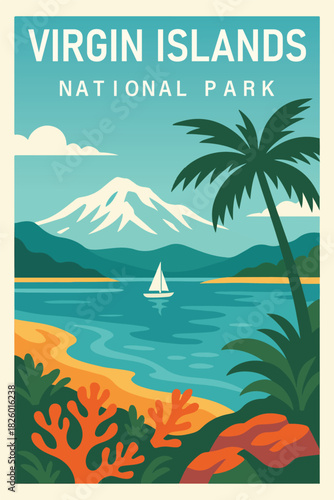 Virgin Islands National Park Retro Travel Poster Clipart, Vintage USA Park Illustration, Landscape Art, Virgin Islands Wall Decor ClipArt
