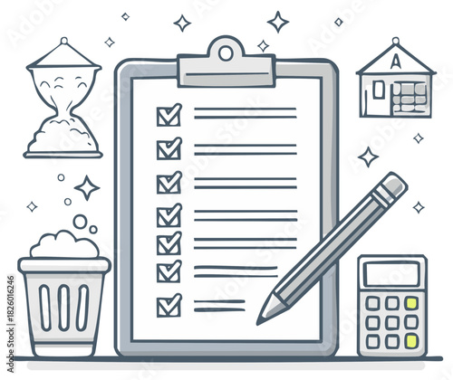 Checklist Clipboard with Hourglass, Calculator, Trash Can, and House Illustration