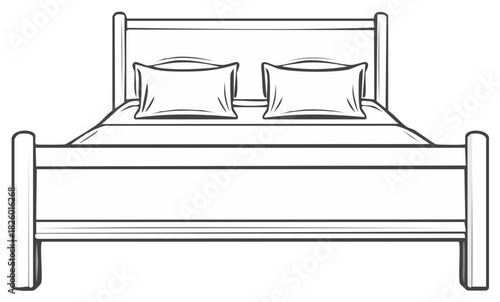 Black and white line art illustration of a classic wooden double bed with two pillows, front view