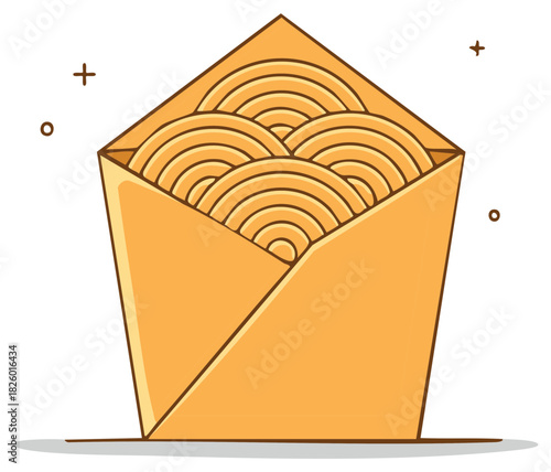 Yellow paper bag filled with concentric circular pattern noodles