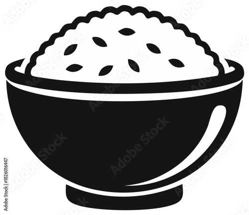 Steaming Bowl of Rice with Scattered Grains Black Silhouette Icon Design Isolated
