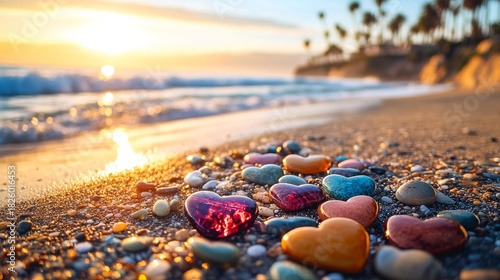 shiny colorful heart shaped pebbles washed up on a California beach with palm trees in the distant background