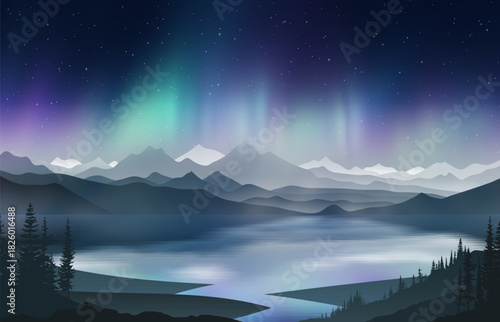Aurora borealis reflected in water, winter holiday illustration, northern nature