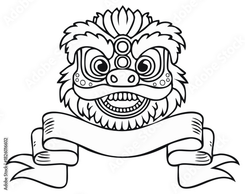 Traditional Lion Head Emblem with Blank Ribbon for Text
