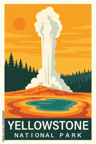 Yellowstone National Park Retro Travel Poster Clipart, Vintage USA Park Illustration, Landscape Art, Yellowstone Wall Decor ClipArt
