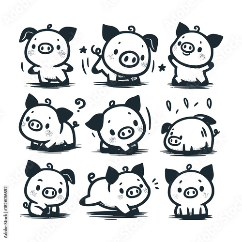 Children's line scribble of playful pigs