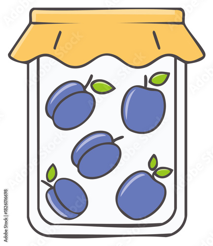 Jar of plum preserves with ripe plums, vector illustration.
