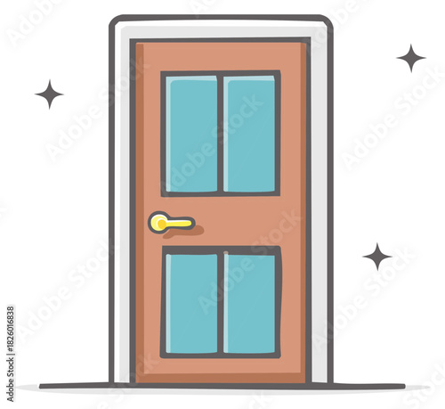 Cute cartoon illustration of a shiny new brown door with glass panels and sparkles