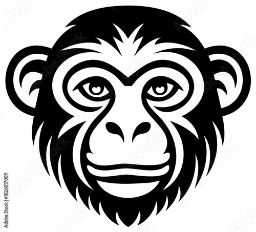 Stylized Illustration of a Monkey Face in Black and White, Primate Graphic Icon