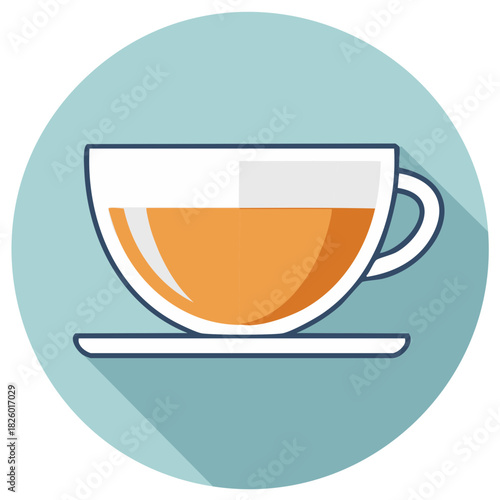 Minimalist vector icon tea or coffee cup on saucer over soft blue circle with long shadow. Simple morning drink illustration