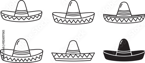 Collection of minimalist sombrero hat illustrations, depicting traditional mexican culture and fiesta celebrations in various outline and solid styles Vector